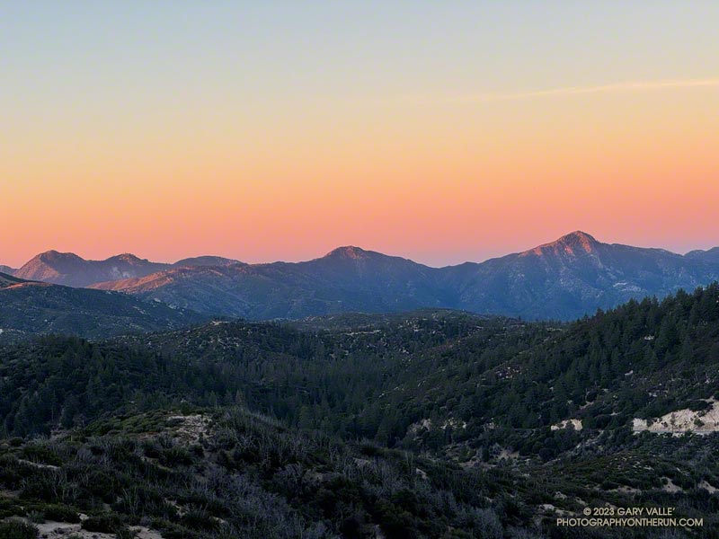 Alpenglow on San Gabriels Front Range peaks. From left to right - San Gabriel Peak, Mt. Disappointment, Mt. Deception, Mt. Lawlor, Strawberry Peak.