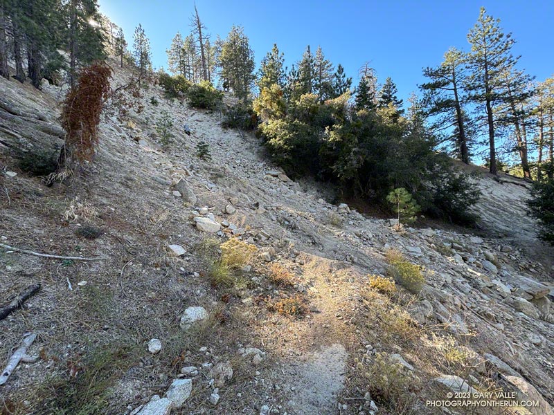 Small rockslide on the PCT, east of Camp Glenwood. November 5, 2023.