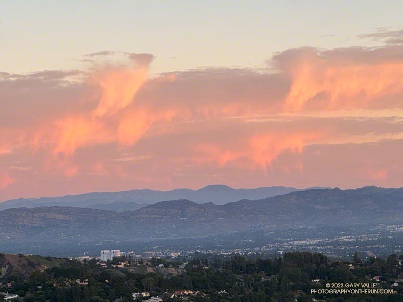 Sunrise view of San Fernando Valley, Santa Susana Mountains, and Ventura County Mountains from near the trailhead at the Top of Reseda -- officially Marvin Braude Mulholland Gateway Park.