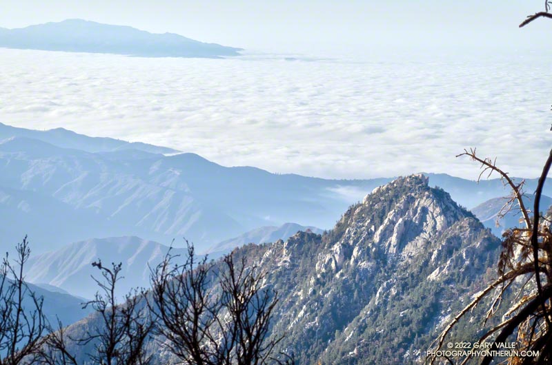 Triplet Rocks, on the southeast ridge of Twin Peaks East, is one of the toughest features to reach in the San Gabriel Mountains.