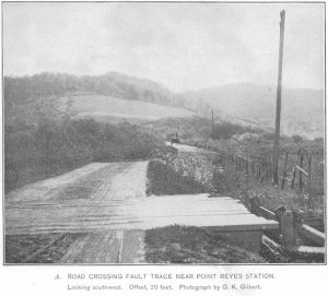Road near Pt. Reyes Station offset by 20 feet by the 1906 San Francisco Earthquake. Historic photograph by G.K. Gilbert.
